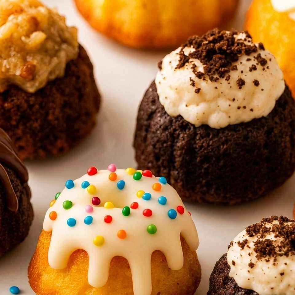 Assorted chocolate and orange cupcakes topped with whipped frosting, cookie crumbs, chocolate drizzle, nuts, and colorful sprinkles.