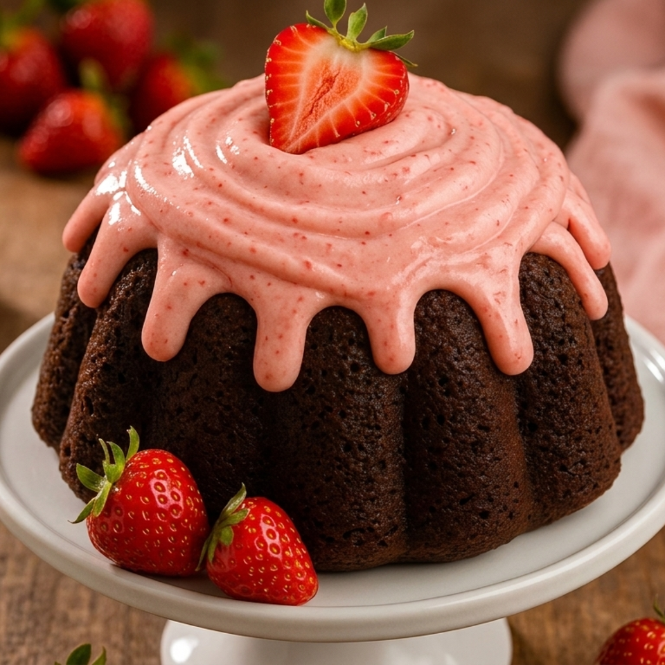 Chocolate bundt cake topped with pink strawberry frosting and a halved strawberry, surrounded by fresh strawberries on a wooden table.