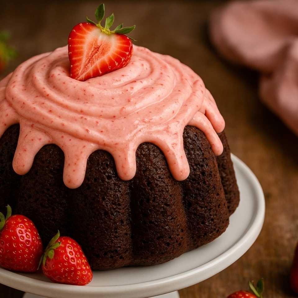 Chocolate bundt cake topped with pink strawberry frosting and sliced strawberry, garnished with fresh strawberries on a white plate.