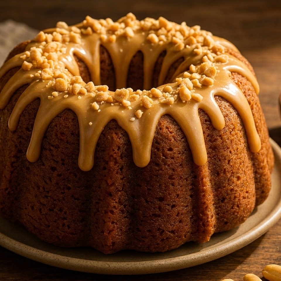 Bundt cake topped with caramel glaze and crushed peanuts, served on a ceramic plate beside a bowl of caramel sauce.