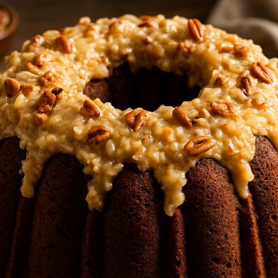 Chocolate Bundt cake topped with coconut pecan frosting and scattered pecans on a plate.