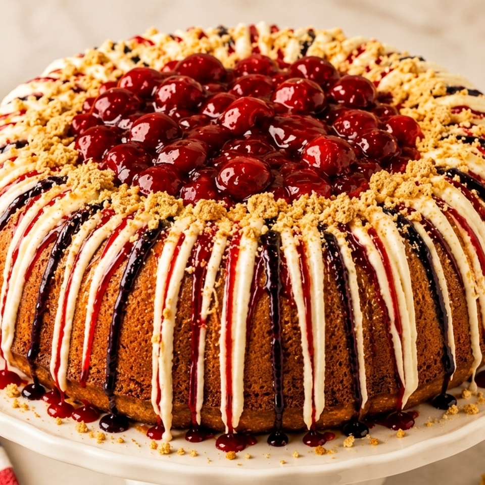 Bundt cake topped with cherries, crumb topping, and drizzled white, red, and chocolate glazes, surrounded by bowls of cherries and blueberries.