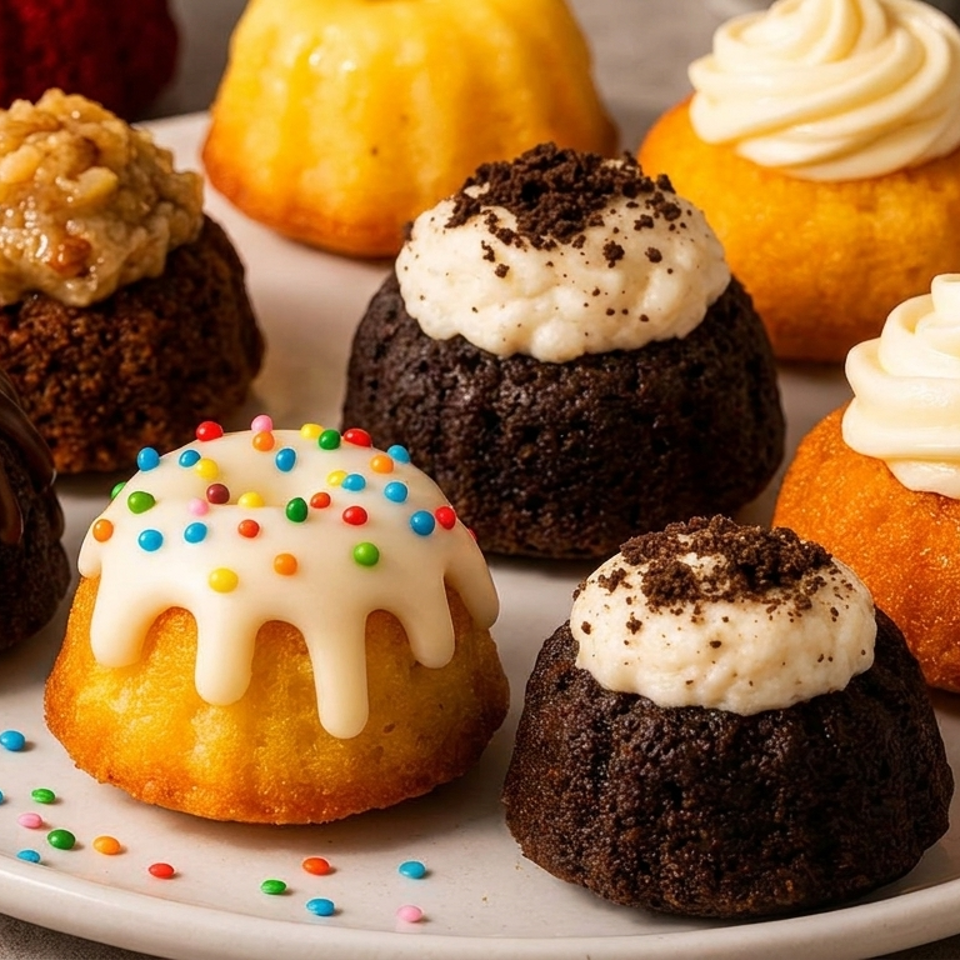 Assorted mini bundt cakes on a plate, featuring chocolate glaze, cream frosting, cookie crumbs, and colorful sprinkles.