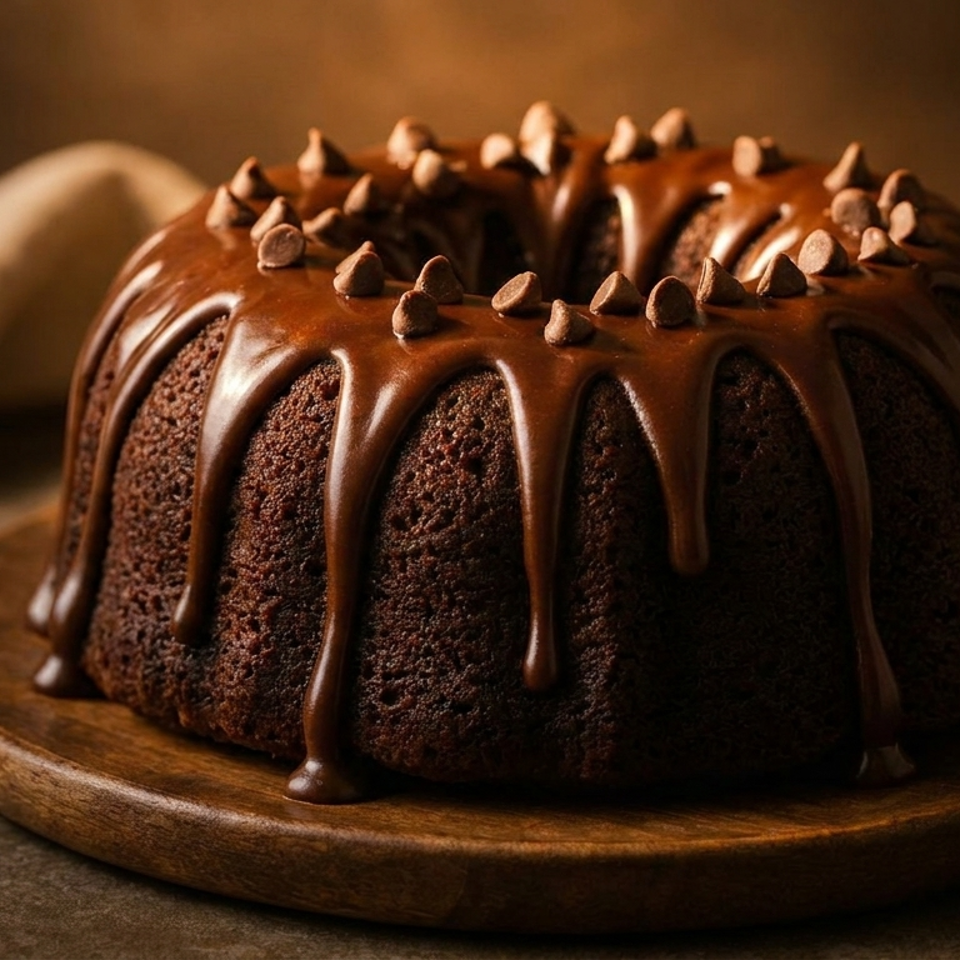 Chocolate bundt cake drizzled with glossy chocolate glaze and topped with chocolate chips on a wooden platter.