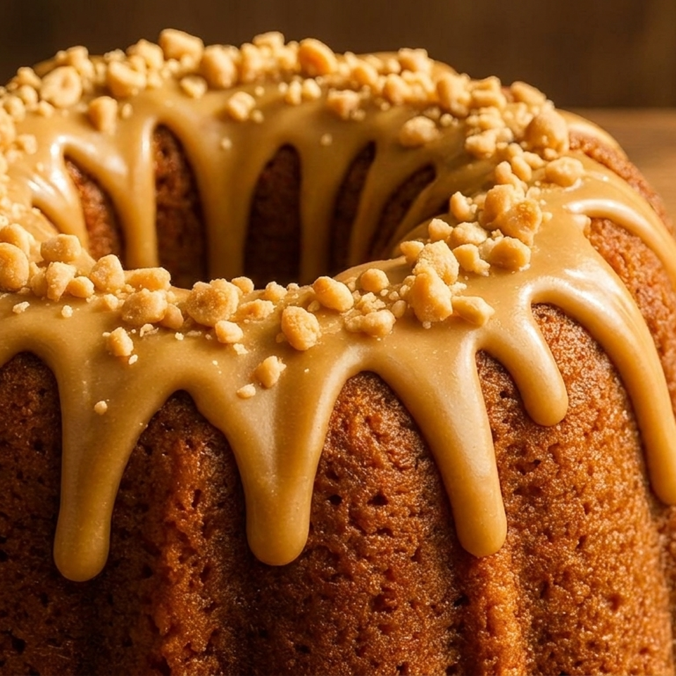 Golden Bundt cake topped with caramel glaze and crushed nuts, served on a plate beside a bowl of caramel sauce.