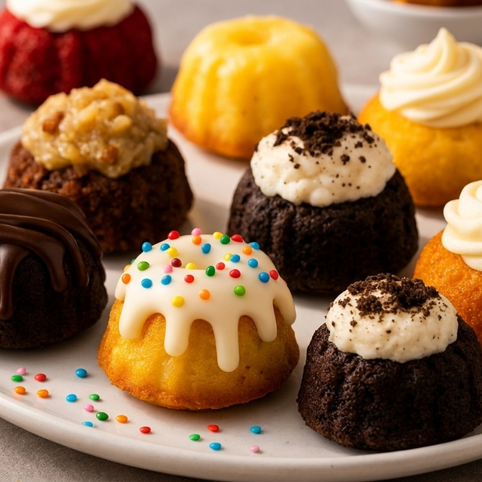 Assorted chocolate and vanilla mini bundt cakes topped with frosting, cookie crumbs, chocolate glaze, and colorful sprinkles on a plate.