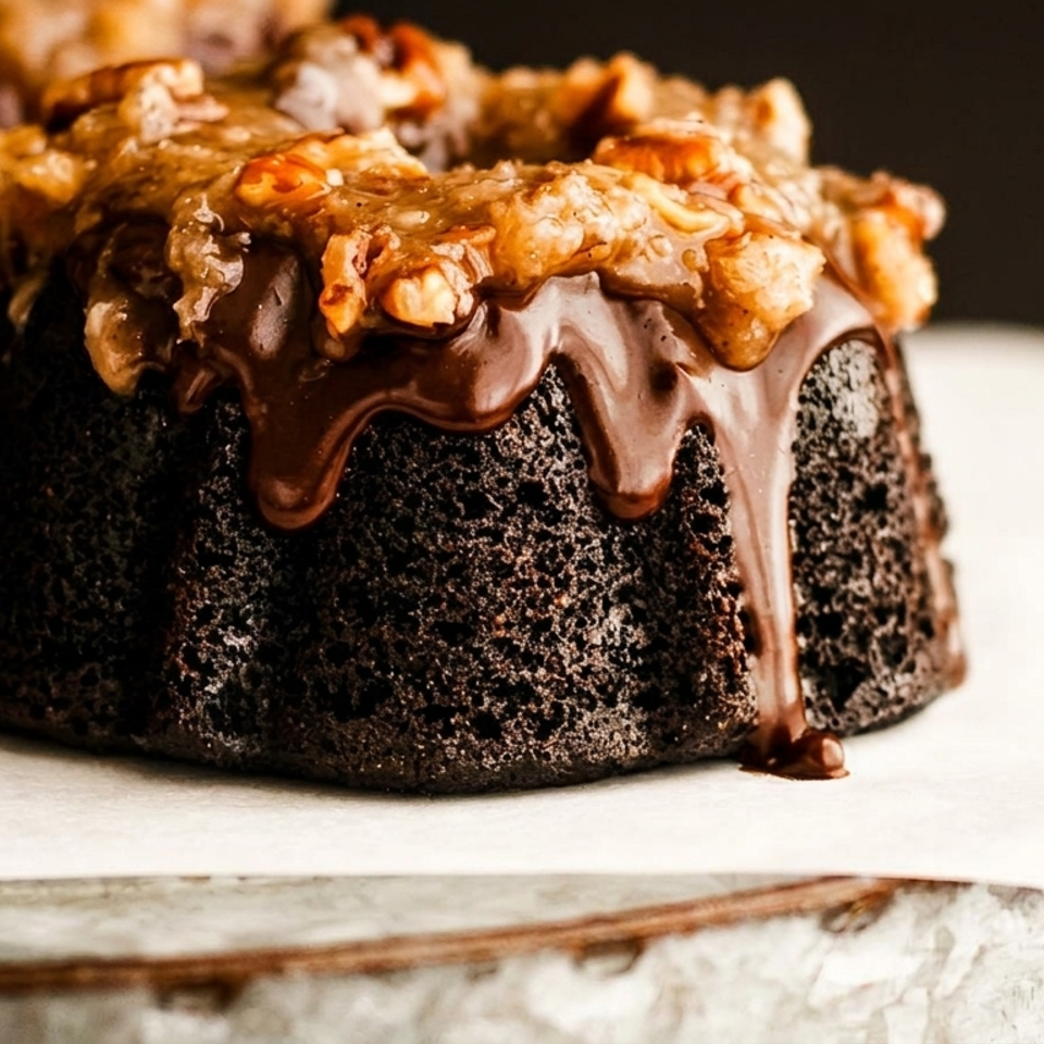 Individual chocolate cakes topped with melted chocolate, caramel, and chopped nuts on a rustic ceramic plate.