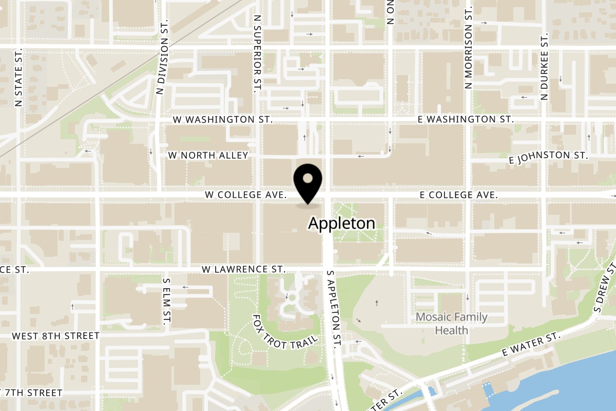 Map showing the location of Appleton Bundt House on 207 W College Ave in Appleton